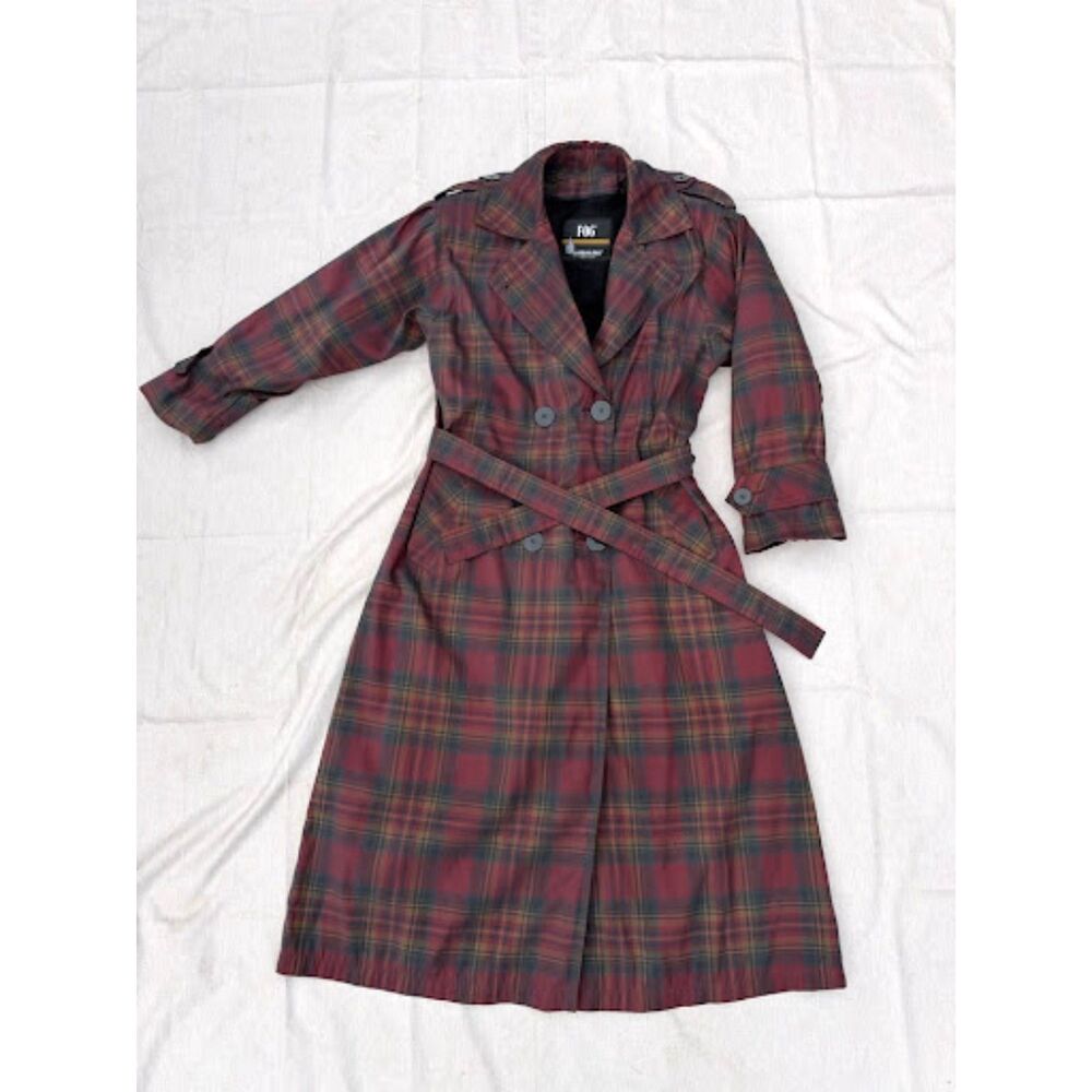 Vintage 80s London Fog Plaid Trench Coat Size 6 Reg Removable Liner Belted